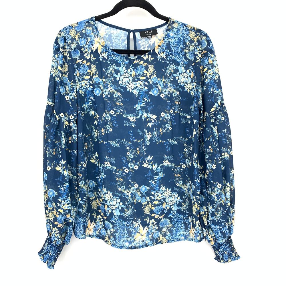 Vici Long Sleeve Blouse Womens Size Small Blue Floral Print Smocked Cuffs